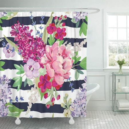 Pink And Purple Shower Curtain KSADK Bouquets On The Striped with Pink and Purple Flowers and Green Leaves Rose Lilac Shower Curtain 66x72 inch ()