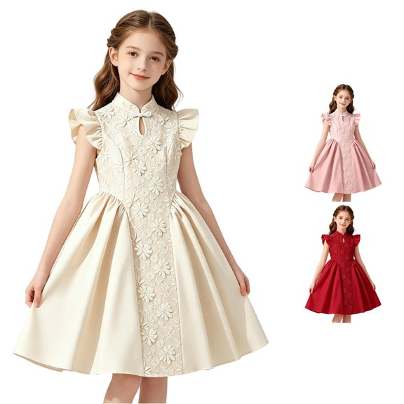 WhouRiu Girls Summer Sleeveless Dress Elegant Floral Embroidery A Line Pleated Dresses Kids Comfortable Party Gown,8 Years