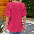 thumbnail image 3 of Camisa de manga corta para mujer, Top con cuello redondo, camisa plisada con manga acampanada, Top holgado de Color puro, rosa rojo XXL, 3 of 5