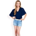 thumbnail image 2 of Women's V-Neck Blouse with Pleated Chiffon Flutter Sleeves- Navy,Large, 2 of 7