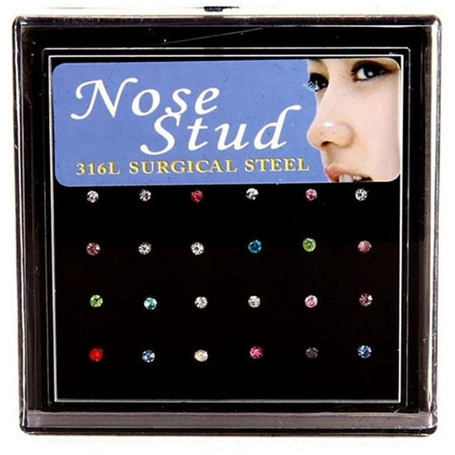 24 Pcs Lady Crystal Rhinestone Nose Ring Bone Stud Bar Surgical Steel