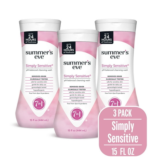 Summer’s Eve Simply Sensitive Daily Gentle Feminine Wash, Removes Odor, pH Balanced, 15 fl oz, 3 Pk