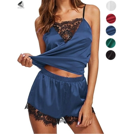 PULLIMORE Womens Satin Cami Set Sexy Nighties Silky Shorts Deep V Lace Lingerie Sleepwear Set Nightwear (M  Blue)