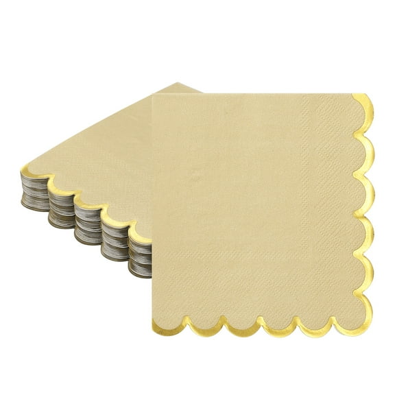 Uxcell 50 Pcs Scalloped Cocktail Napkins with Gold Foil Edges, 5 x 5 Inch Disposable Scalloped Paper Napkins for Wedding Engagement Anniversary Party Tableware Decorations, Light Brown
