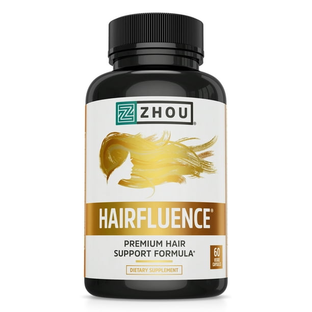 Zhou Nutrition Hairfluence Premium Hair Growth Formula for Longer,  Stronger, Healthier Hair, Biotin, Collagen, Keratin, B Vitamins, Bamboo  Extract for All Hair Types, 60 VegCaps 