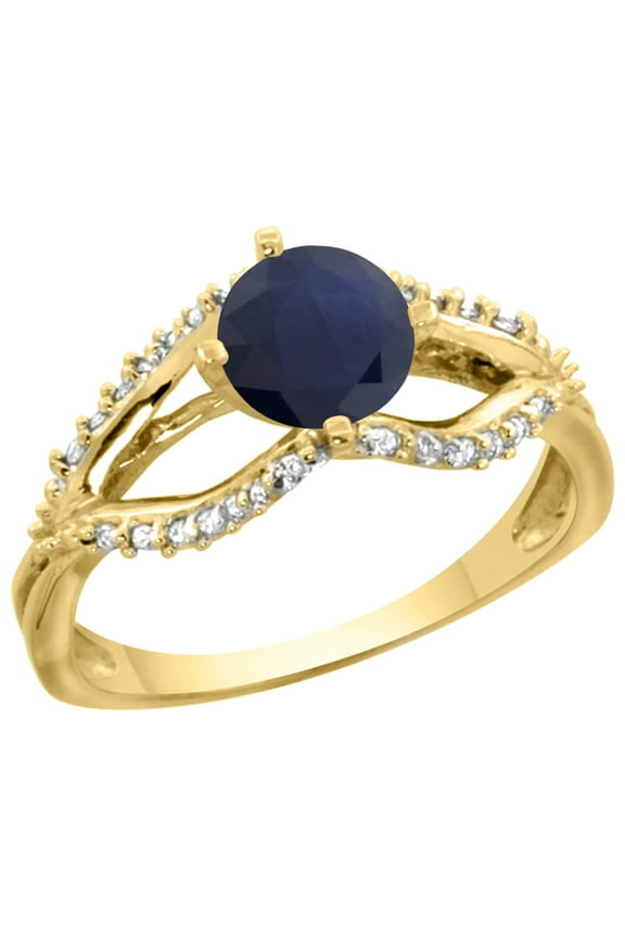 14k Yellow Gold Natural HQ Blue Sapphire Ring Diamond Accents, 5/16 inch wide, size 8
