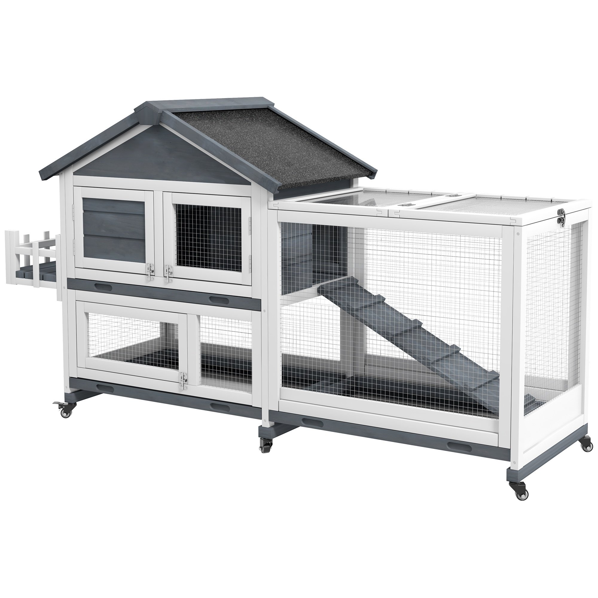 65" Rabbit Hutch Wooden Outdoor Playpen, Gray - Bunny Cage with Open Roof & Storage Box for Small Animals
