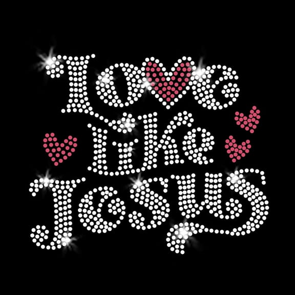 JCS Rhinestones Love Like Jesus Groovy Christian Bling Iron-on Sparkly Clear Crystals Rhinestone Pink Rhinestud Heart Transfer