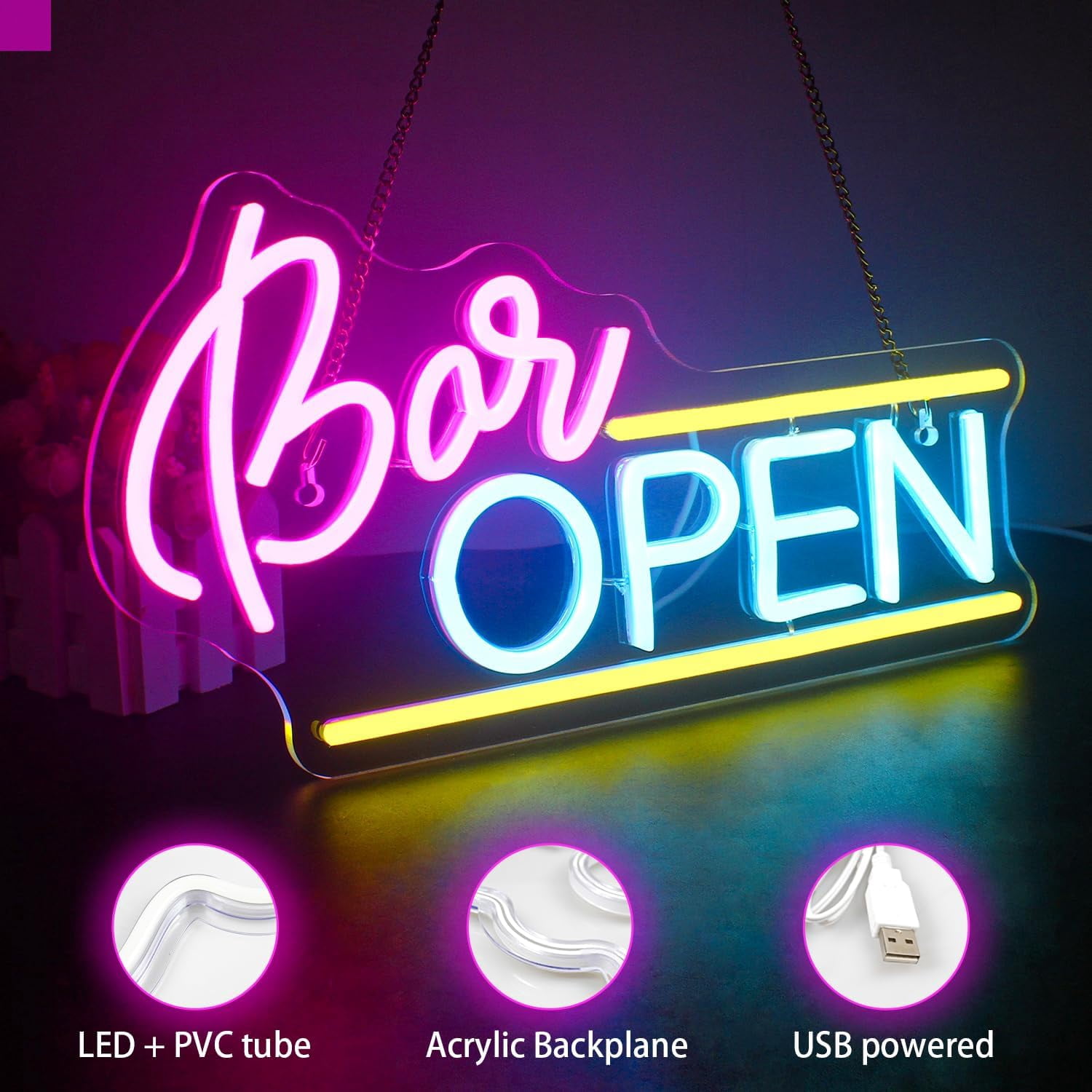 Lapalife Bar OPEN LED Neon Signs for Wall Decor, 15.7"x 7.8" LED Light Sign Dimmable with On/Off Switch USB Powered for Bar Man Cave Party