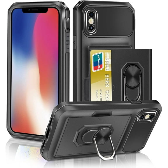 Case for iPhone X Wallet Credit Card Holder ID Slot Sliding Door Hidden Pocket with 360° Swivel Kickstand 3 in 1 Hybrid Bumper Rugged Phone Case for iPhone X/XS 5.8 inch Case Black