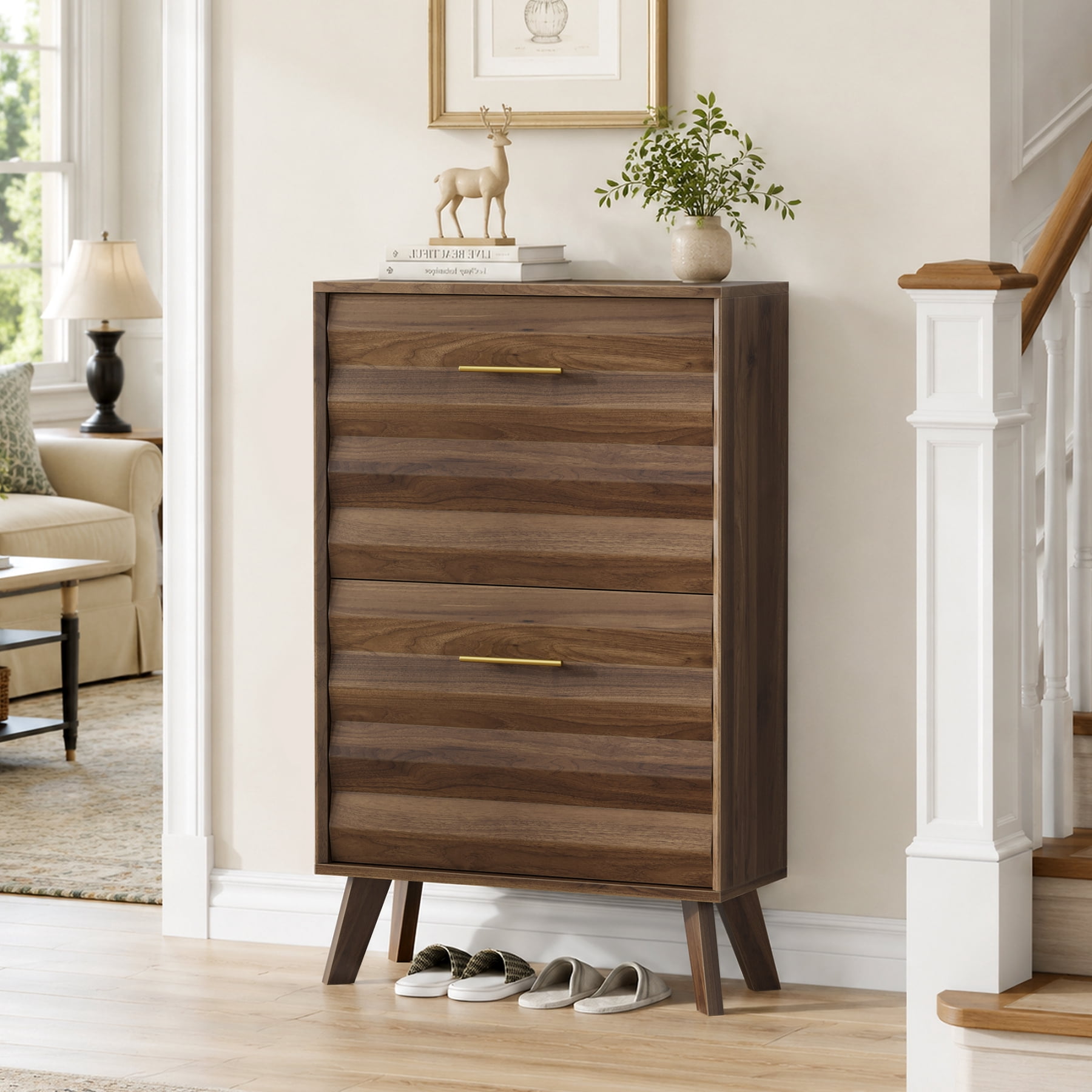 Leumius Shoe Cabinet with 2 Flip Drawers,Mid-century Modern Freestanding Shoe Storage Cabinet,Hidden Shoe Organizer for Entryway Hallway,Walnut