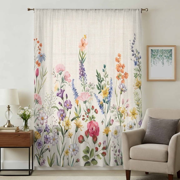 Watercolor Wildflowers Sheer Curtains 72 Inches Long, Farmhouse Botanical Flowers Herbs Light Filering Curtains, Breathable Simi Curtain Privacy Drapes for Living Room Bedroom Window Treatment
