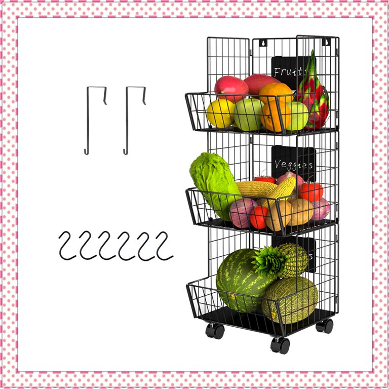 Mefirt 2pcs Fruit Basket Onion Storage Wire Baskets with Wood Lid,  Stackable Wall-Mounted Tiered Kitchen Organizers and Storage for Snack,  Fruit and