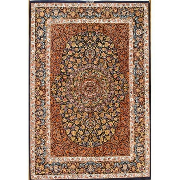 Pasargad Home 039054 Azerbaijan Collection Hand-Knotted Pure Silk Area Rug- 4 ft. 6 in.  X 6 ft. 8 in.   Navy