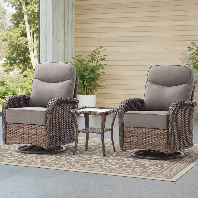 Giantfurnni 3-Piece Patio Wicker Swivel Rocking Chairs with Side Table Outdoor Rattan Conversation Furniture Patio Bistro Set with 6" Thick Cushions for Porch Garden Deck, Gray