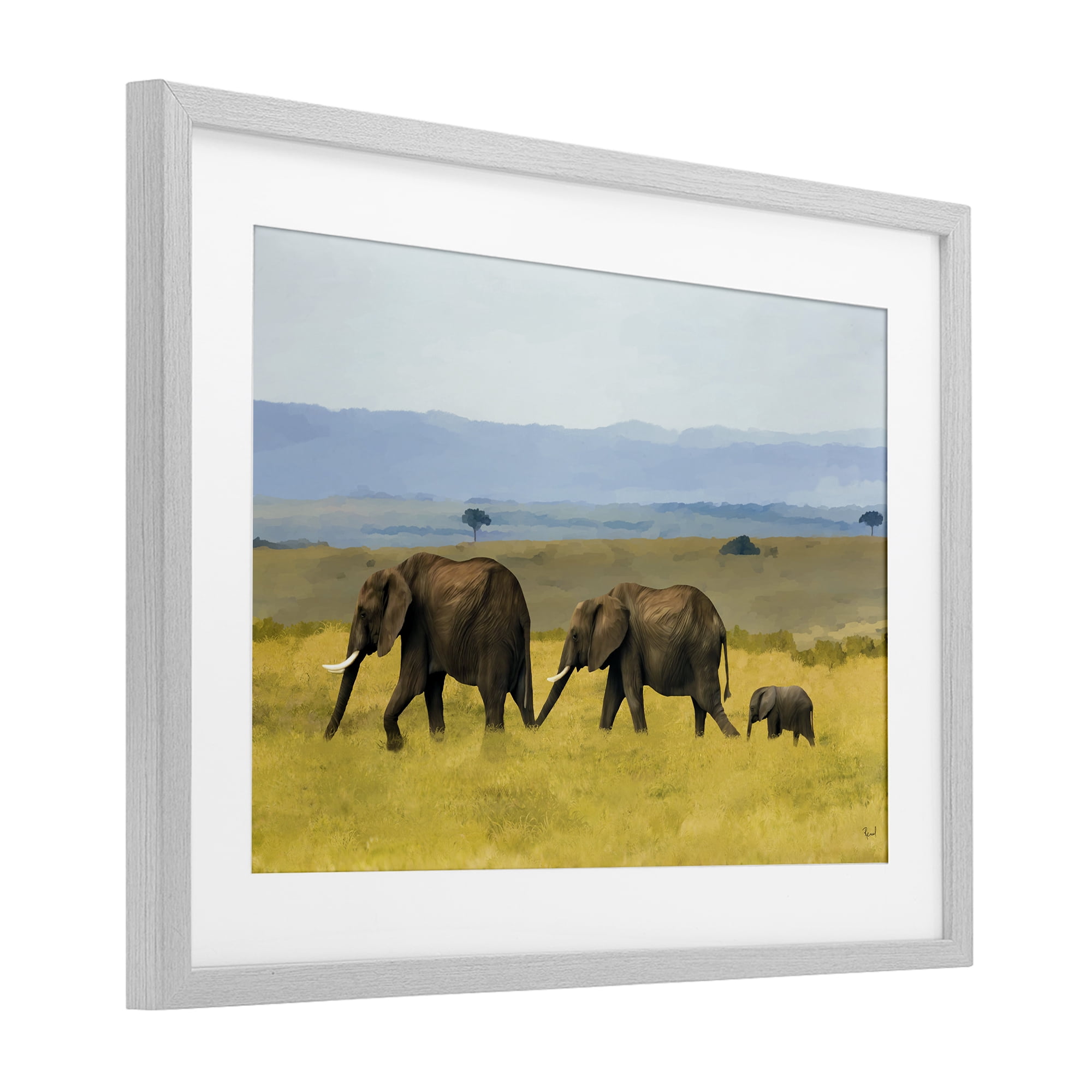 Stupell Industries Elephants In The Grassland Gray Framed Print Under Glass, design by Renel Peters