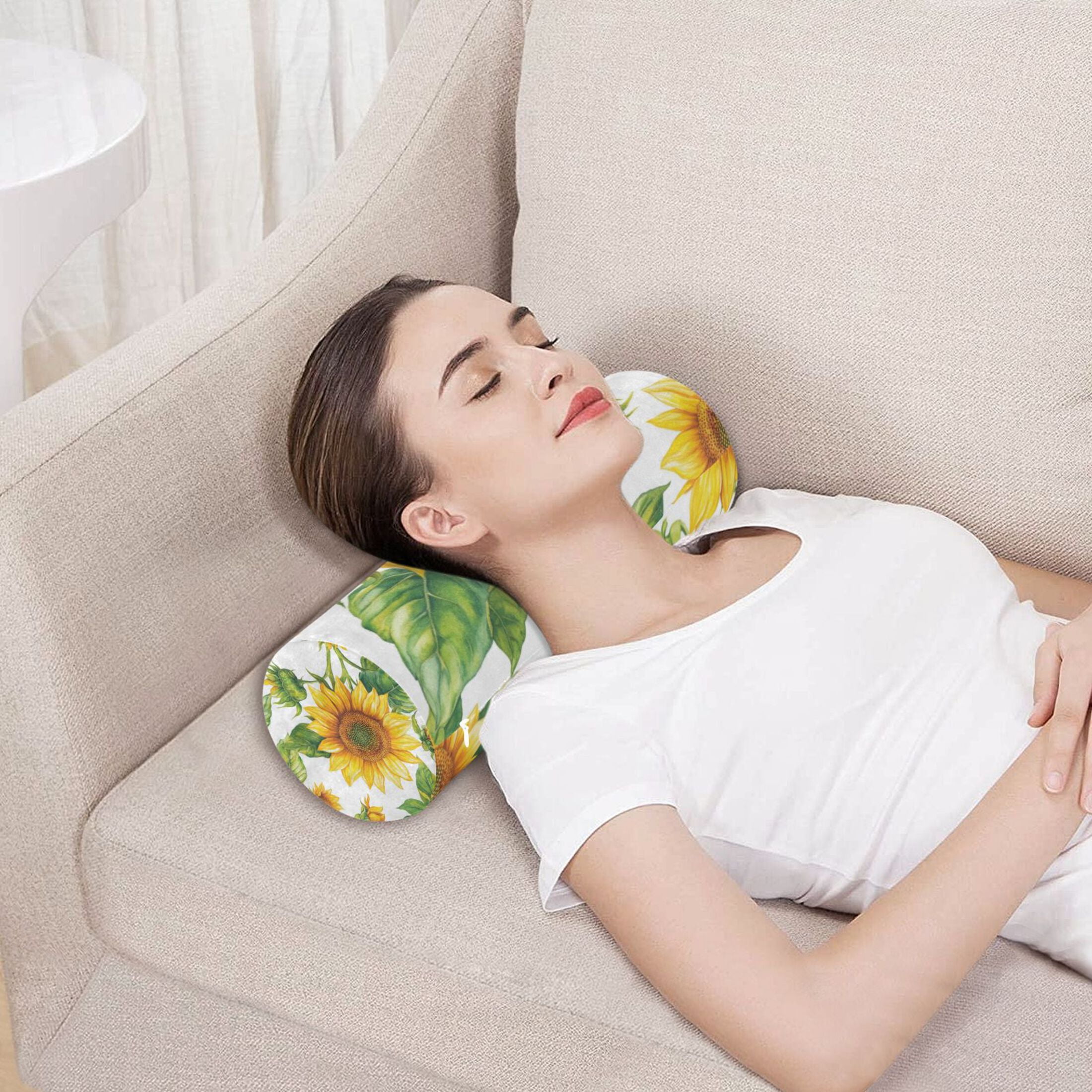 Neck pillow Round Cervical Pillow Cylindrical Pillow Lumbar Pillow Sofa Headrest Pillow Support For the Back, Neck and Head Large Yellow Sunflower