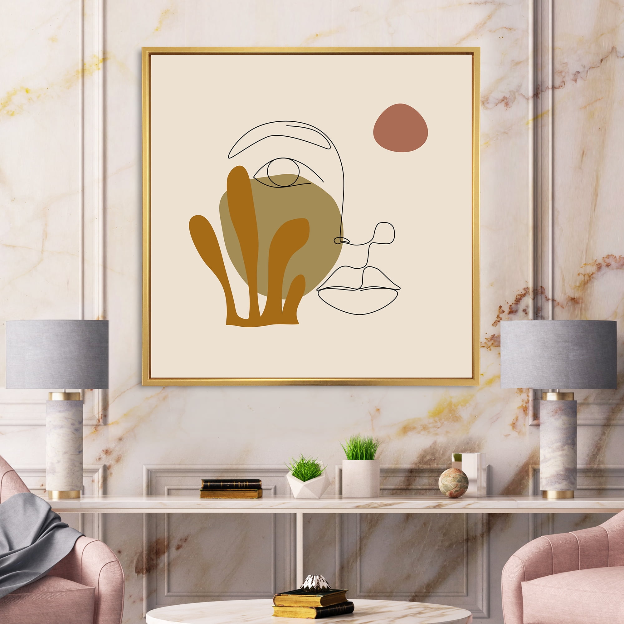 Designart 'One Line Art Portrait of Female In Terracotta Tones' Modern Framed Canvas Wall Art Print