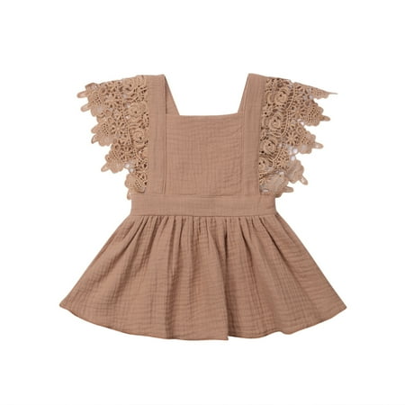 

Baby Girl Summer Sleeveless Dress Flare Sleeve Lace Patchwork V Back Tutu Sundress Solid Color Square Collar Princess Clothes