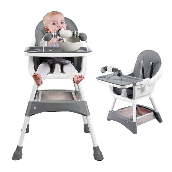 Kynorva Baby High Chair, 3-in-1 Convertible Toddler Feeding Chair with 5-Point Safety Harness, Adjustable Double Tray, Waterproof PU Cushion, Anti-Slip Base & Storage Basket, Detachable Bead Toy for