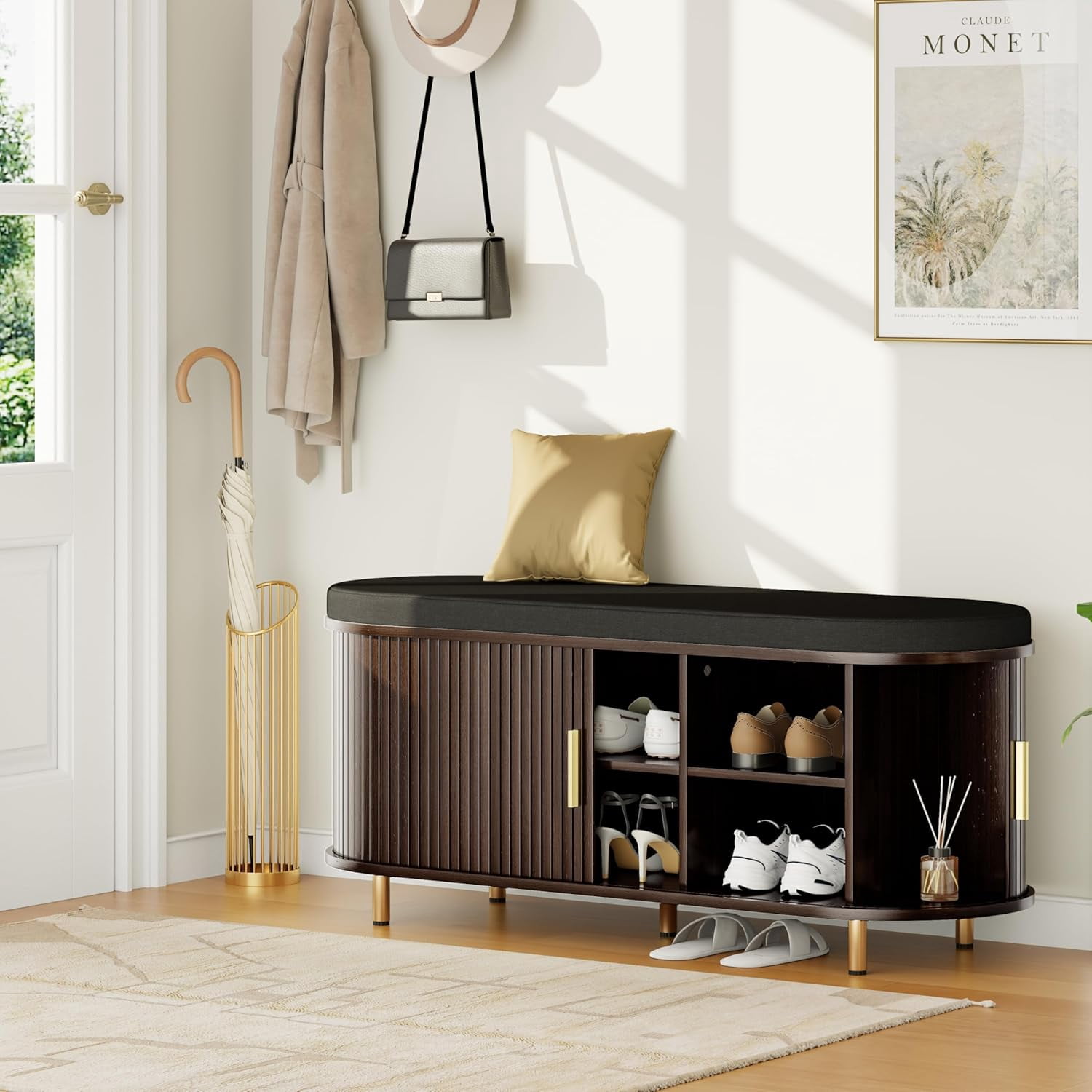 43.3" Storage Bench 2-Tier ,Wide Shoe Bench with Thickened Padded Seat Cushion, Fluted Sliding Door and Adjustable Shelf, for Entryway, Living Room, Bedroom, Dark Walnut