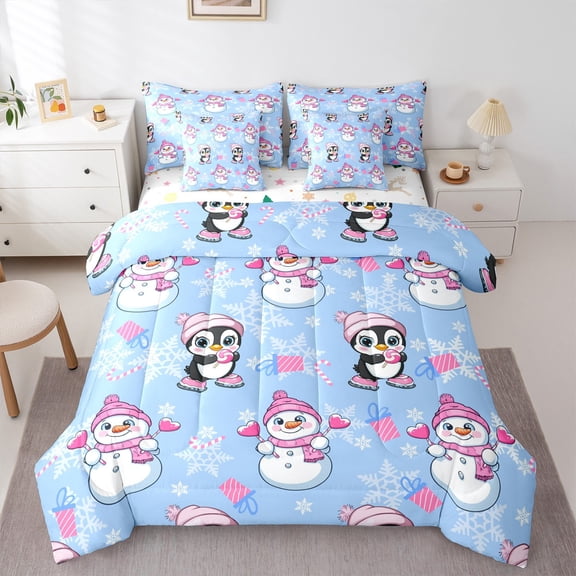 jejeloiu Marry Xmas Bedding Comforter Set 7-Piece,Christmas Theme King Bedding Sets,Cartoon Snowman Penguin Bed Sheets,Lightweight Room Decorative Reversible