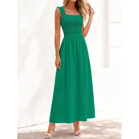 Green Womens Bohemian Eyelet Lace Cotton Smocked Sleeveless Square Neck Maxi Dress For Spring Summer Beach