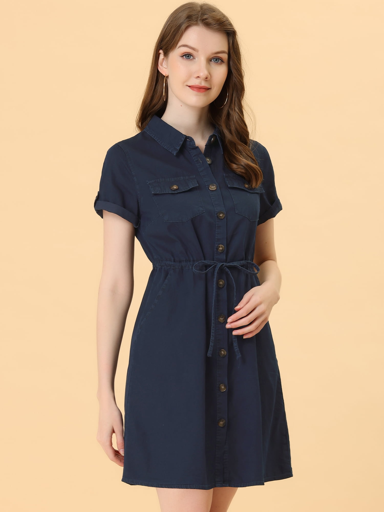DARING DIVA Casual Button Front Summer Short Sleeve Dresses M Dark Blue
