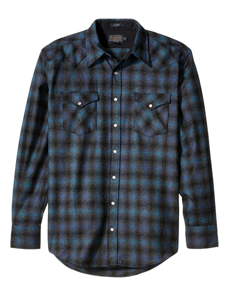 Pendleton Western Shirt Mens L/S Plaid Wool XLT Black Blue Ombre DA818 ...