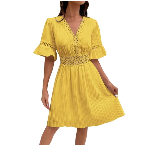 Efsteb Elegant Dresses for Women Solid Color Short Sleeve Spring V-Neck Fashion Crochet Lace Trim Elastic Waistband Dress Elegant Dress Loose ,Size:10