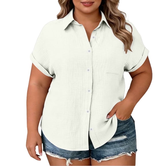 Plus Size Shirts Women Cotton Linen Short Sleeve Blouses V-Neck Button Down Shirt Casual Office Work Tops for Ladies Elegant Blouse Solid Color Loose Fit Tunic Top Black Shirt
