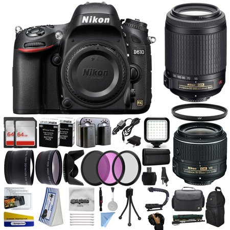 Nikon D610 DSLR Digital Camera with 18-55mm VR II + 55-200mm VR Lens + 128GB Memory + 2 Batteries + Charger + LED Video Light + Backpack + Case + Filters + Auxiliary Lenses + $50 Gift Card + More!