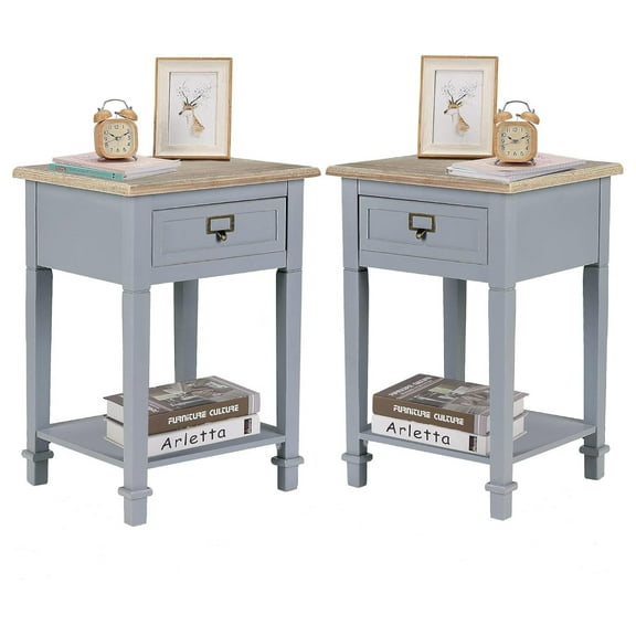 Rustic Farmhouse Accent End Table, Nightstand Side Tables with Drawers and Open Storage Shelf for Living Room, Wooden Top, Handcrafted Finish, Set of 2 Grey No Power strip