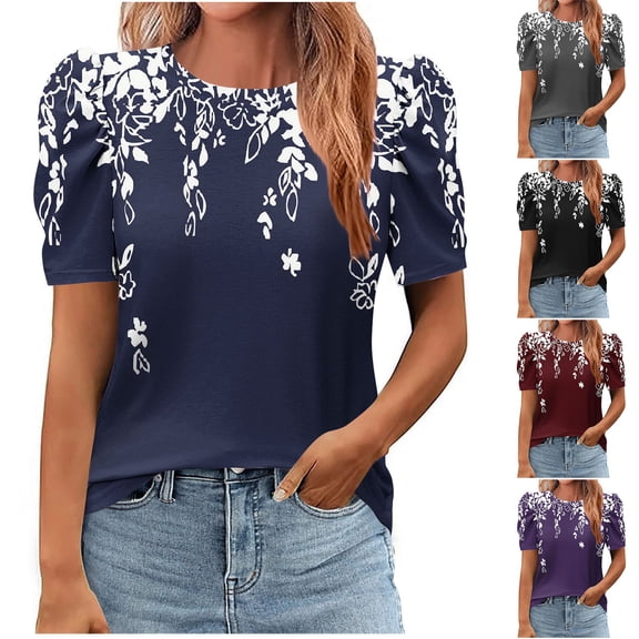 Qetyuw Tops for Women Puff Short Sleeve Round Neck Shirts Floral Print Tees Loose Fit Comfy Tshirt Summer Casual Tops for Women