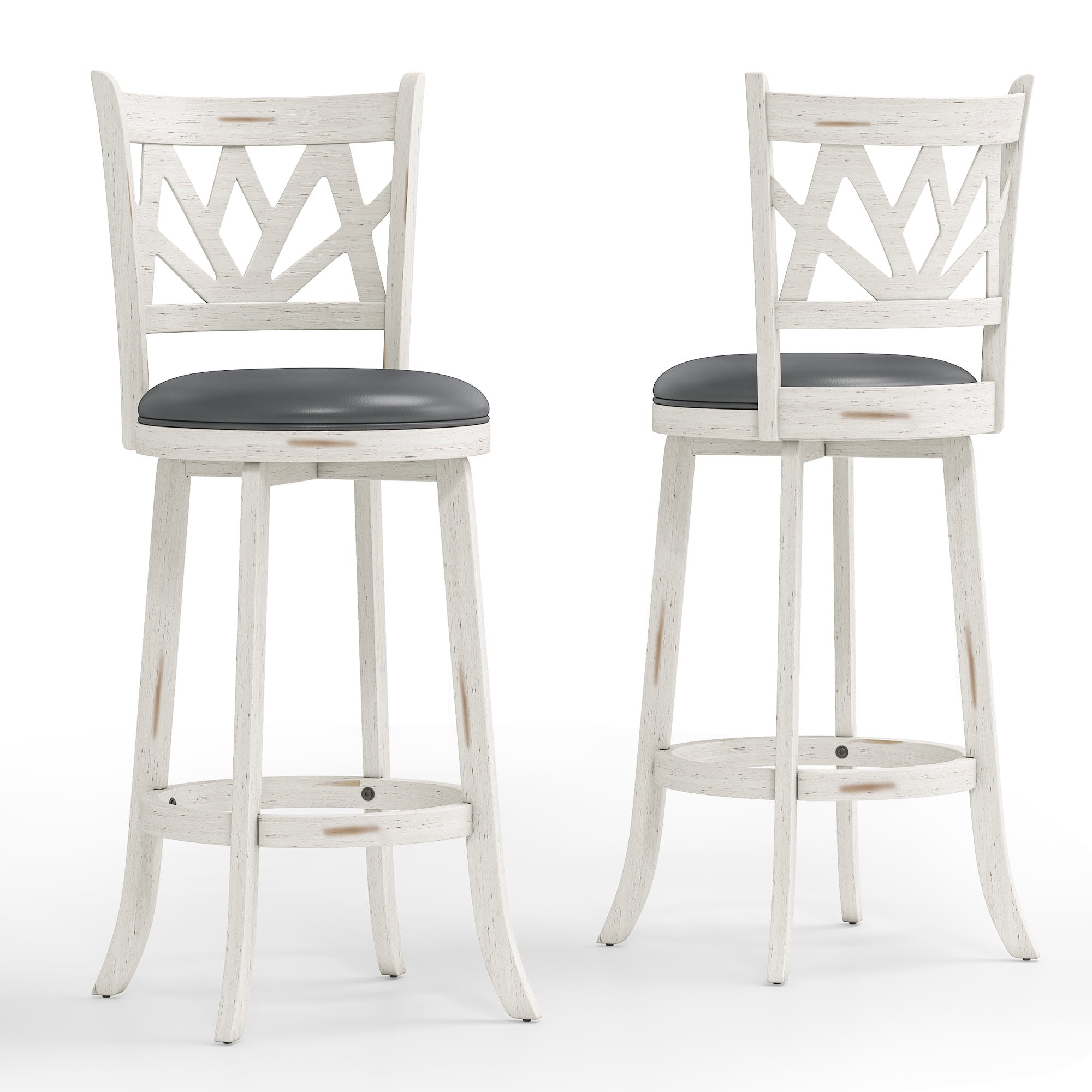 Joywind Farmhouse Swivel Bar Stools Set of 2, 30" Carved Lotus Barstools, Faux Leather Upholstered Bar Chairs with Solid Footrest & Wood Legs, Antique White