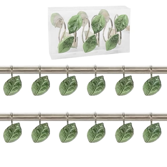 12 Pcs Rust-Proof Leaf Shower Curtain Hooks - Stylish Durable Stainless Steel Rings, Fits 0.8"-1.1" Straight/Curved Rods, Green Leaf Design