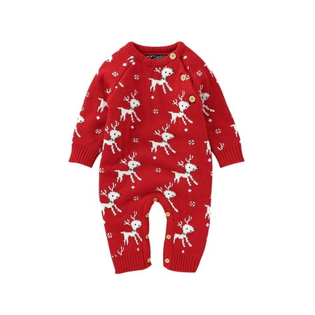 

Toddler Baby Boys Girls Christmas One Piece Clothes Reindeer Sweater Romper Cute Red Santa Knit Button Jumpsuit Outfit