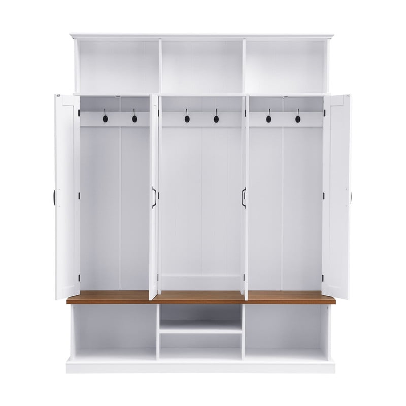 Farmhouse Hall Tree with Top Cubbies, Entryway Bench with Open Compartments, 62.2'' W Coat Rack with Hooks and Cabinets for Hallway Mudroom