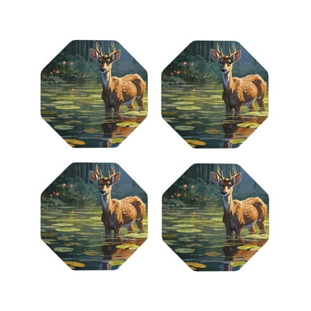

Fuzoiu Peaceful Deer Lily Pond Print Leather Coasters Set Drink Coasters Set of 4 for Tabletop Protection Durable PVC Coasters Home Décor and Housewarming Gift-Octagon