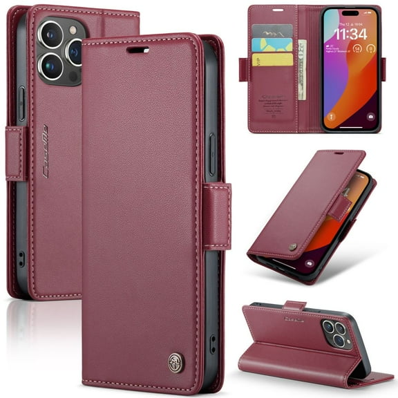 CaseMe Leather For iPhone 15 Pro Wallet Case with RFID Blocking, For iPhone 15 Pro Case Wallet for Women Men Card Holder Magnetic Clasp Kickstand Folio Case for iPhone 15 Pro Ma,Wine Red