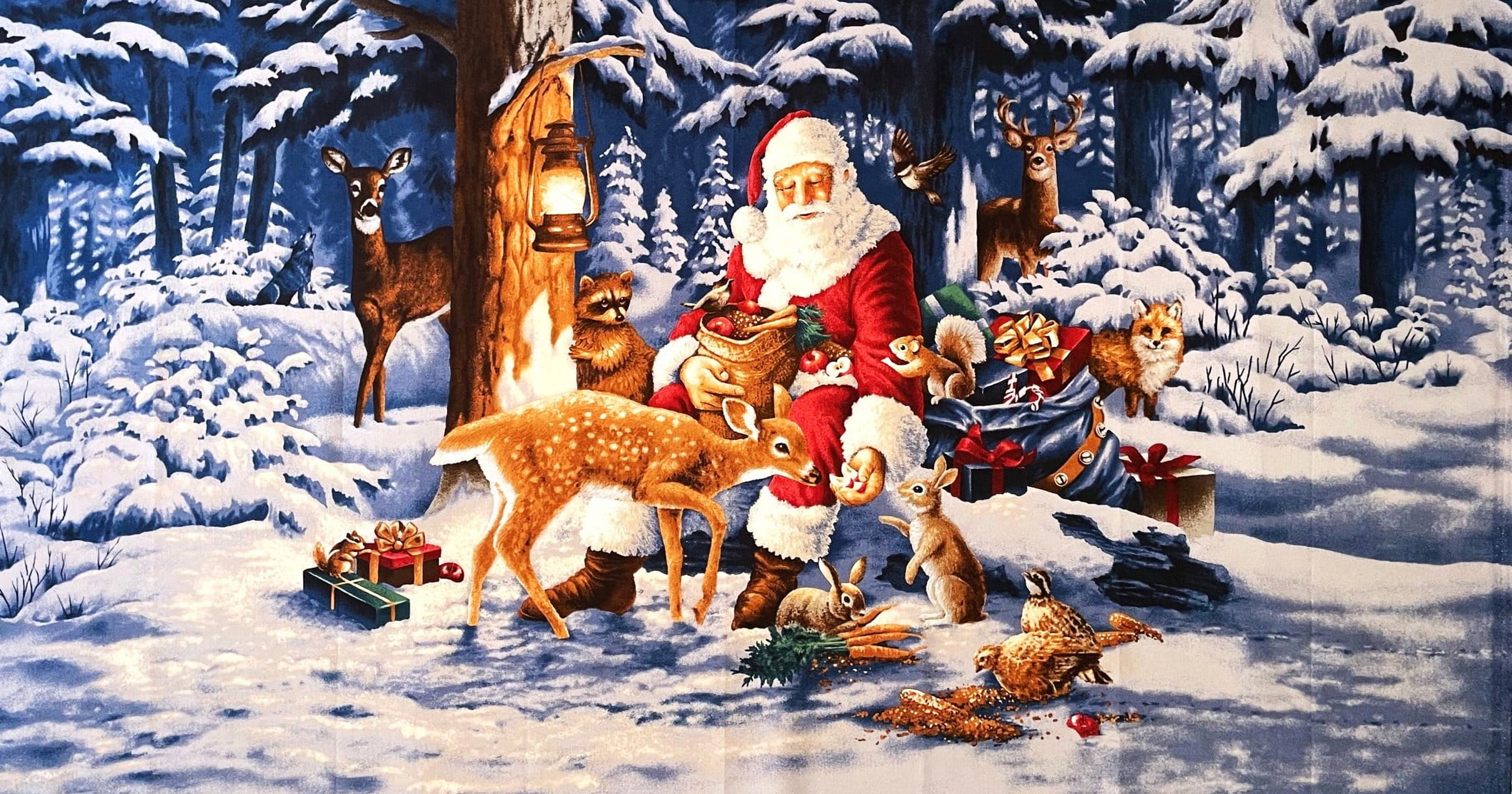 1 Panel -Christmas Santa Winter Woods Scenic Cotton Fabric Quilt Panel (Great for Craft Projects, Quilting, Sewing & More) 24” X 44” Wide