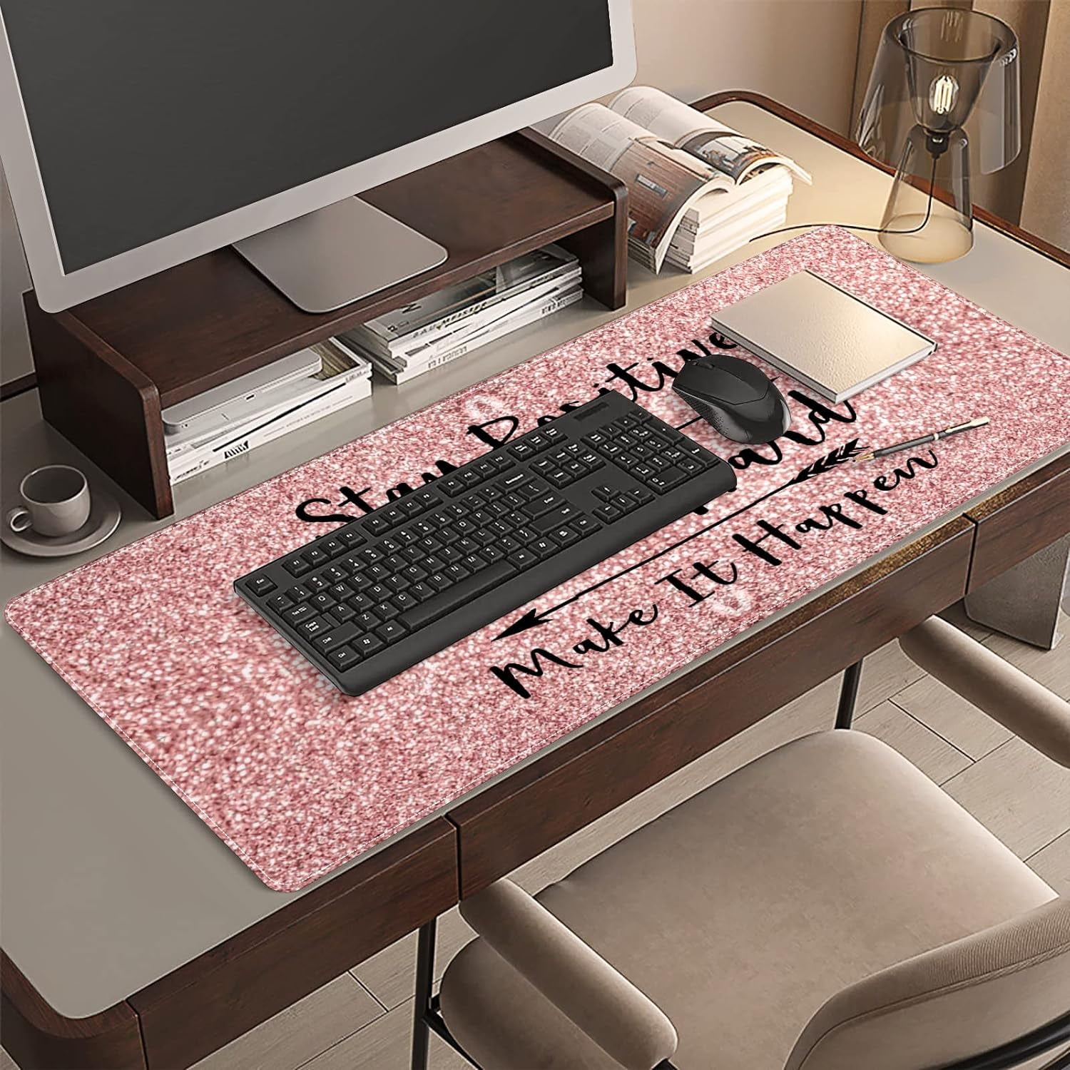 Bright Rose Glitter Desk Mat, Desk Accessory, Cute Workspace, Trendy Workspace, Trendy, 35.4x15.7in Large Gaming Mouse Pad, Cute Desk Topper, Pretty Desk Pad