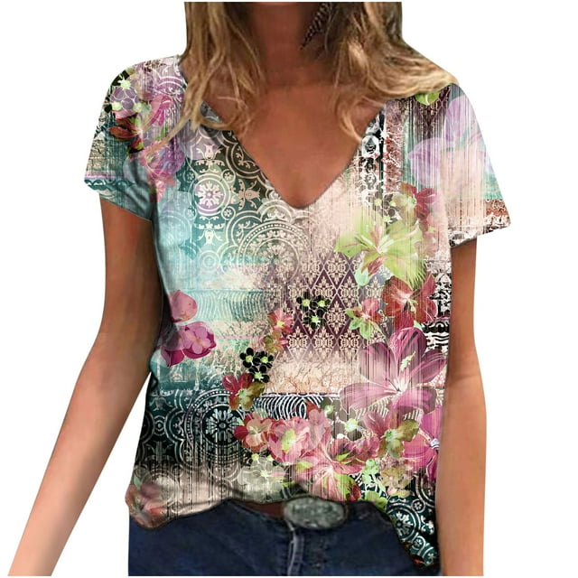 Hauts d'Été pour Femmes Manches Courtes Femmes Blouse d'Été Imprimée T-Shirts Décontractés Col en V Manches Courtes T-Shirts Hauts