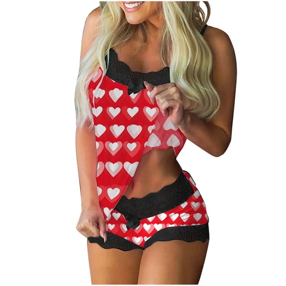 successthop Pajama Short Sets for Women 2 Piece Heart Lace Valentine Sleeveless Pullover Tank Top and Shorts Sleepwear L