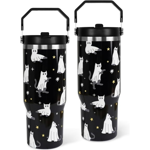 Halloween Tumbler with Lid and Straw 30oz,Black Cute Ghost Cat Vacuum Insulated Leak Proof Tumbler,Goth Cute Spooky Gift Women Kids Teen Girls,Halloween Accessories Stainless Steel Coffee Cup