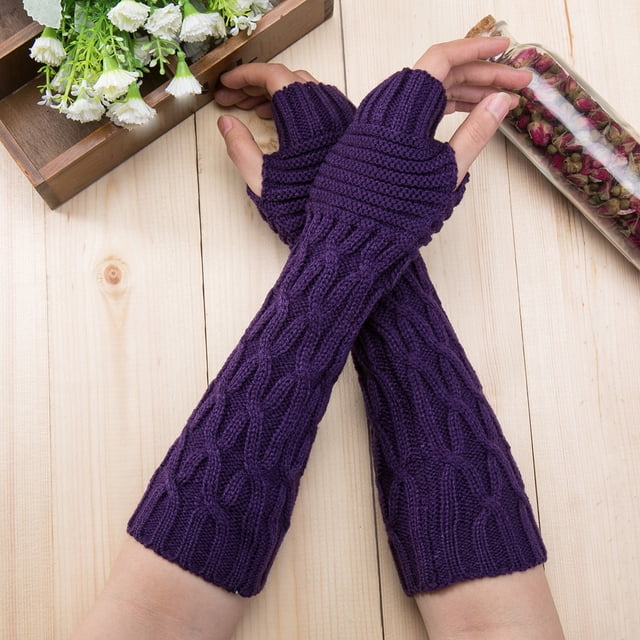 Gants Longs Sans Doigts Tricotés pour Femmes Mode Hiver Chauffe-Poignet Mitaines PP