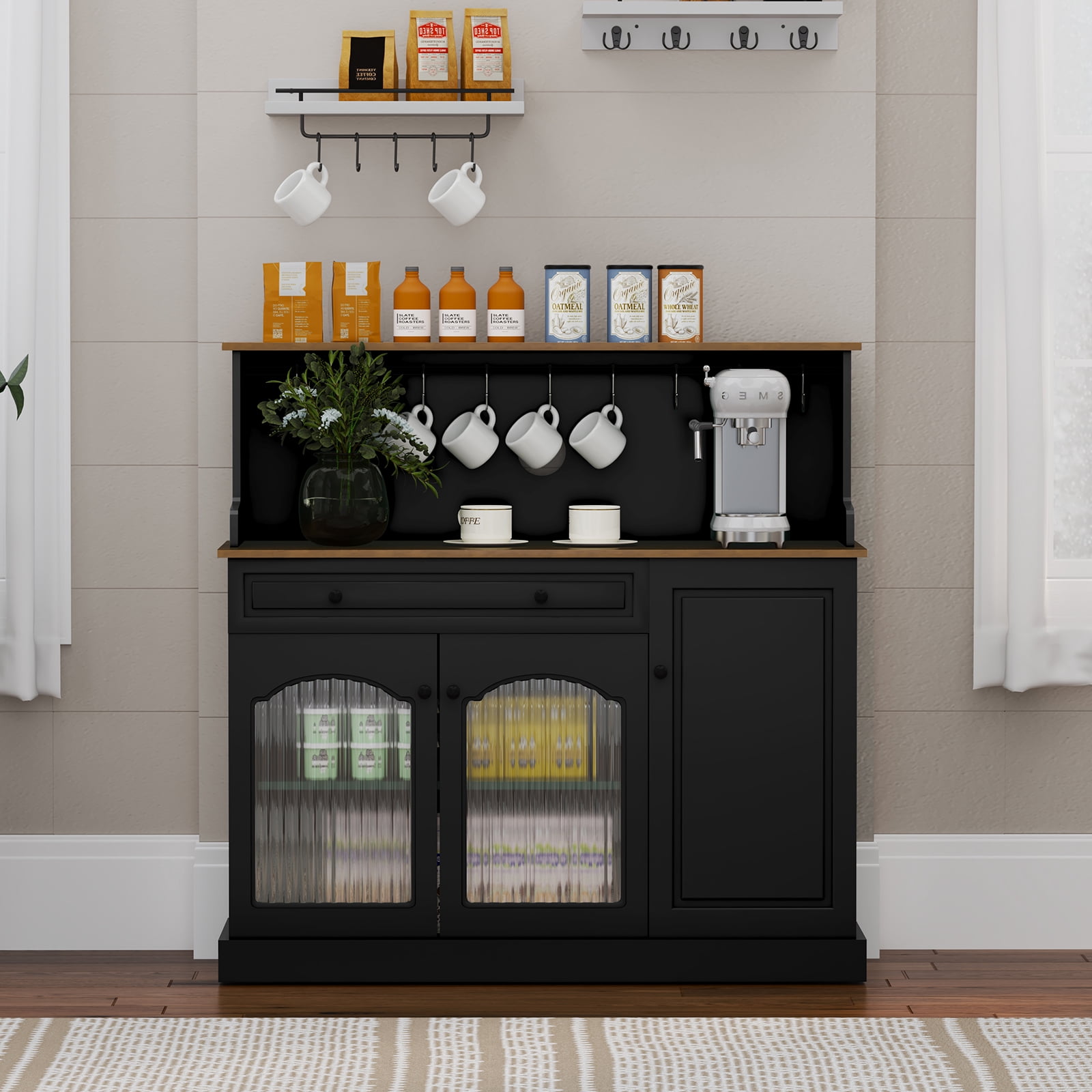 CBJCBJ 48“ Modern Wood Kitchen Pantry Cabinet with Coffee Bar, Drawer & Microwave Stand,Black