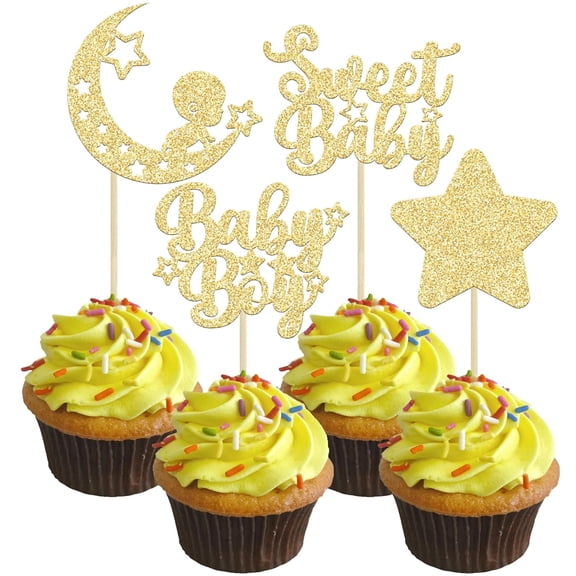 12Pcs Sweet Baby / Baby Boy Cupcake Toppers, Gold Glitter Moon and Star Cupcake Picks for Twinkle Twinkle Little Star Baby Shower, Gender Reveal Party Decorations