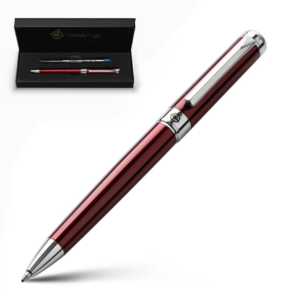 WANDERINGS Premium Ballpoint Pen with German Ink – Perfectly Balanced for a Superb Writing Experience, Chrome Accents – Winefire