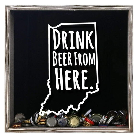 TORCHED Indiana Drink Beer From Here Beer Cap Shadow Box 14"x14"x5" | Wall Mount Decor | Gray